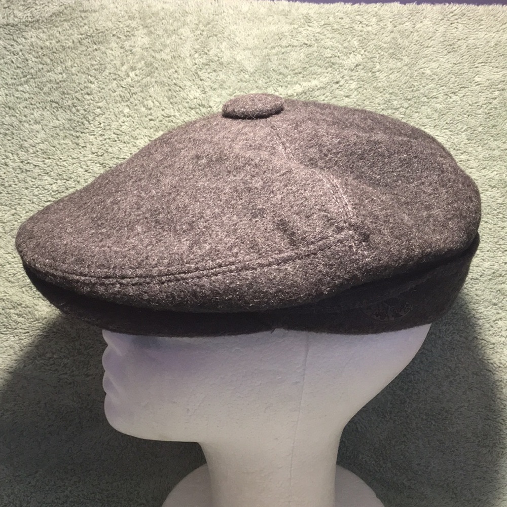 Grey wool poly Kangol Lyness flat cap button top 5 panel driving hat cabbie UK